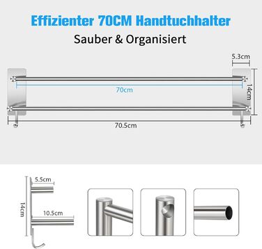 Тримач для рушників без свердління, 60 см, самоклеючий, з гачками, нержавіюча сталь, вологостійкий, для ванної кімнати та кухні (сріблястий)