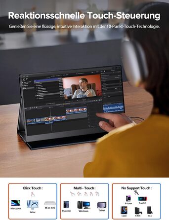 UPERFECT Портативний монітор з сенсорним екраном 15.6' FHD, 125% sRGB, матове покриття, 2000:1 контрастність, VESA, Dual USB-C, для ноутбука/телефону/ігрової консолі