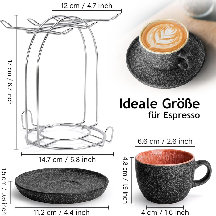MIAMI - Set of 6, 80 ml, stackable espresso cups made of ceramic with saucers and metal stand, espresso cups, mocha cups, coffee cups for espresso, latte - Las Palmitas Collection