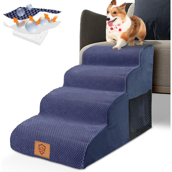 Dog Stairs for Small Dogs, 4 Steps Pet Stairs made of Foam with Waterproof Cover, Detachable Dog Ramp Cat Stairs for Sofa Bed, Send 1 Lint Roller (4 Step Blue Dog Stairs)