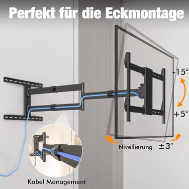 Настінний кріплення для телевізора з довгим шарнірним кріпленням, нахилом, поворотом та обертанням, висувним, для LCD/LED/OLED телевізорів 32-80 дюймів, 50 кг, VESA 600x400 мм