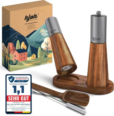 Premium Salt and Pepper Grinder, Stainless Steel and Solid Acacia Wood with Coaster, Cleaning Brush, and Funnel - Wooden Grinder Set with Ceramic Grinder - Salt and Pepper Grinder Set