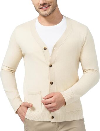 Чоловічий светр з V-подібним вирізом KUYIGO, в'язаний, з ґудзиками, з кишенями, легкий, м'який, apricot (3XL, XL)