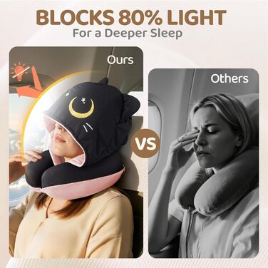 Подушка для шиї Mewaii для подорожей, двостороння подушка для дорослих, подушка для шиї з memory foam для літаків, подушка для шиї з котячою капюшоном, регульований ремінь (Рожева)