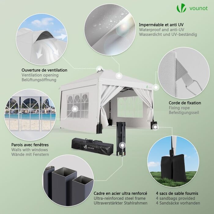 VOUNOT® 3x3m (approx. 10x10ft) Gazebo, Waterproof, Stable, Winter-Proof, Pop-Up Folding Gazebo with 4 Side Walls and 3 Sandbags, Foldable Party Tent, Garden Tent, Garden Gazebo incl. Bag, Green (pop up gazebo white)