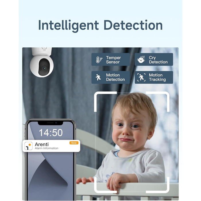 Дитячий відеомонітор Arenti з камерою та додатком, 5' дисплей, 1080P, PTZ, датчик температури, колискові, нічне бачення, 2-сторонній аудіо, VoX, автоматичне відстеження B2