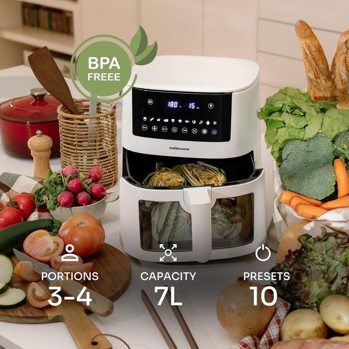 Фритюрниця повітряна MELLERWARE 1450W з скляним контейнером 4.5L, 9 програм, сенсорний дисплей, 80-200°C, таймер 60 хв