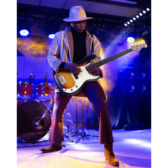 Бас-гітара Donner E для початківців, 4-струнна P-стиль, повний розмір, з сумкою, ременем та кабелем (sunburst)