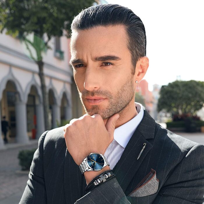 Чоловічий годинник на зап'ясті з нержавіючої сталі, водонепроникний, класичний, з великим циферблатом, мінімалістичний, аналоговий кварцовий годинник для чоловіків, блакитний (чоловічий годинник)