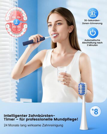 Електрична зубна щітка зі звуковою технологією, 5 режимів, таймер 30s, відбілює зуби за 2 тижні, 8 змінних насадок, IPX7, блакитна