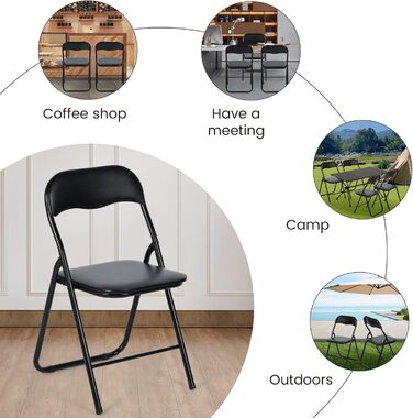 LuxNook 2 Pack PVC Folding Chair, Folding Stool with Cushion, Strong Metal Frame, Camping Chair, Foldable Chair, Office Chair, Space-Saving Desk Chair for Guest, Holds up to 150kg, 2pcs Black
