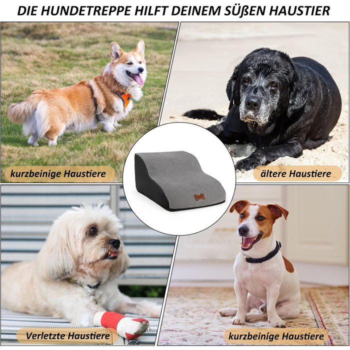 Сходинки для собак Caliyo, 4 сходинки, сірі. Сходи для собак та котів, 40 см, з миючим чохлом та неслизьким дном. Підходять для ліжка, дивану та авто (60×40×40 см)