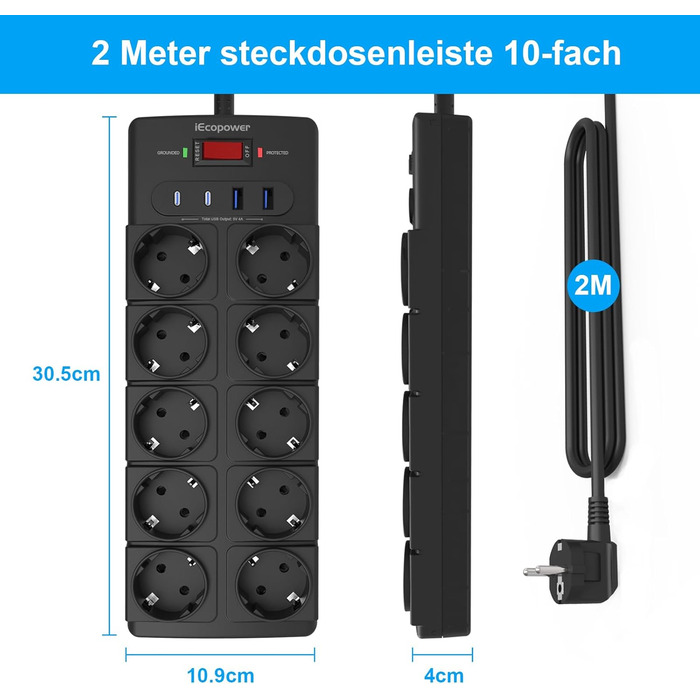 Многорозетка IECOPOWER з USB (PD 20W), захистом від перенапруги, 4000W/16A, 1050 Дж, 2 м, з вимикачем, чорна