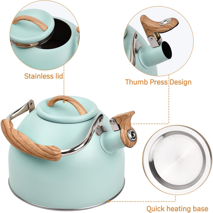 Чайник Wisebom Flötenkessel 3L: Ретро модель з нержавіючої сталі для індукційних та газових плит, з дерев'яною ручкою. Ідеально для чаю та кави.
