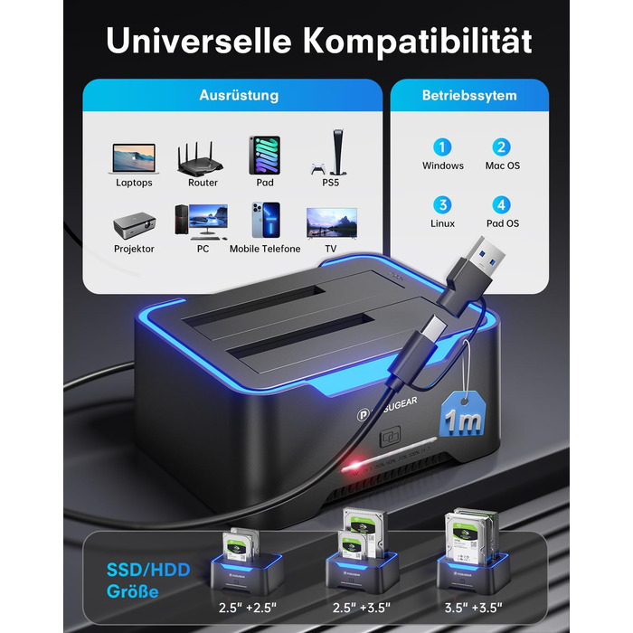 Док-станція для жорстких дисків POSUGEAR RGB USB 3.0 з підтримкою 2.5/3.5 SATA HDD/SSD, 2 відсіки, Offline Clone, UASP