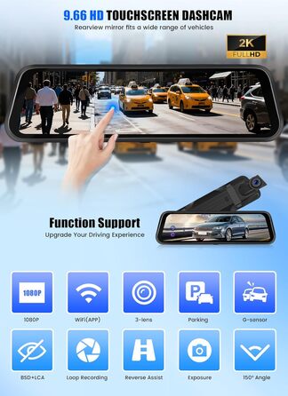 Дзеркало заднього виду з відеореєстратором CAMECHO 2K Full HD, 9.66