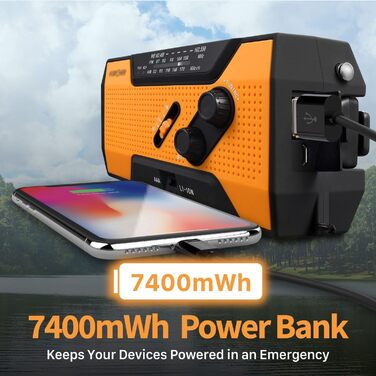 Радіо на сонячній енергії FosPower з живленням від акумулятора 7400 мВт·год (2000 мАг) - радіо NOAA/AM/FM, Powerbank, USB/Solar/Ручна зарядка, SOS-сигнал, ліхтарик для надзвичайних ситуацій