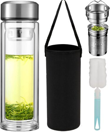 Double-walled glass tea bottle, 1 liter, with 2-in-1 stainless steel strainer for on-the-go use. 1000ml large volume, tea bottle 100% leak-proof, 1 l