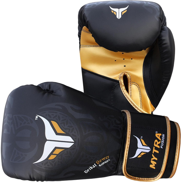 Боксерські рукавички MyTra Fusion 10oz, 12oz, 14oz, 16oz для MMA, боксу, спарингу, муай-тай, кікбоксингу (чорний/золотий)