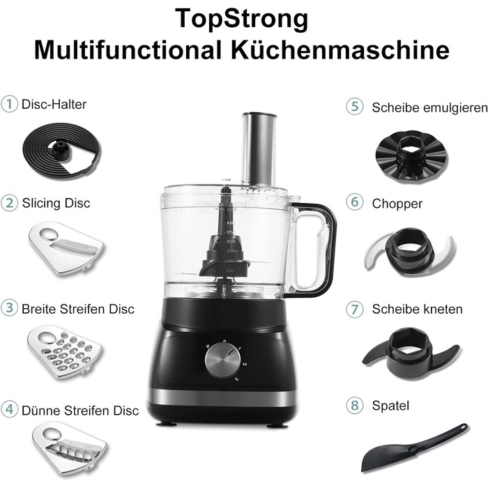 Кухонний комбайн TopStrong 800 Вт, подрібнювач 2 л, 3 швидкості, чорний, компактний кухонний процесор, міксер та тістоміс