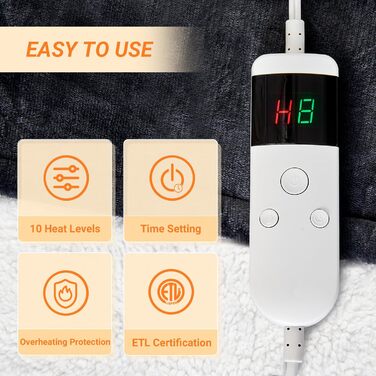 Електрична ковдра з підігрівом 130x180 см з автовимкненням, 10 температурних режимів, захист від перегріву, машинне прання, для холодних ночей, темно-сіра