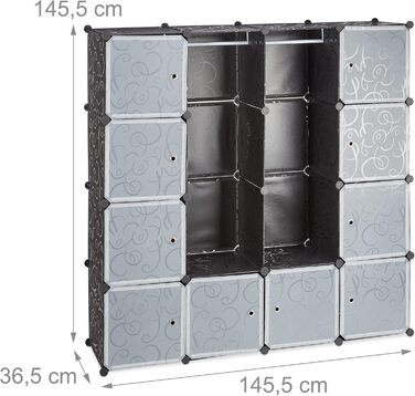 Relaxdays Modular Clothes Rack with 12 Compartments, Large Plastic Wardrobe, 145.5 x 145.5 cm, White (Black)