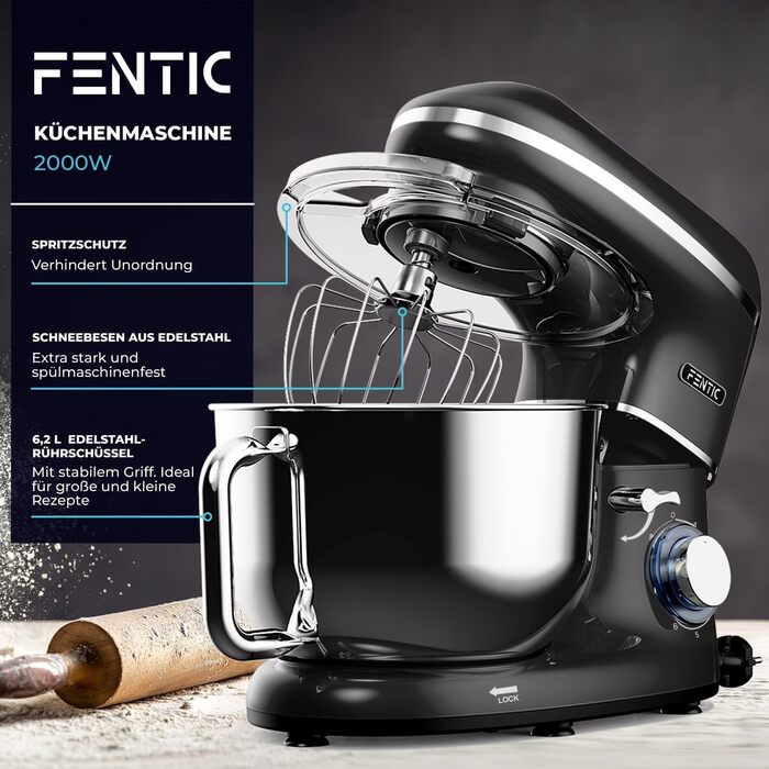 Fentic Stand Mixer - 2000W - Stainless Steel Mixing Bowl (6.2 L) - Stand Mixer with Dough Hook, Beater Hook, Whisk, and Splash Guard - Includes Additional Accessories - Black