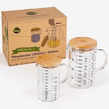 Premium Measuring Cups Glass - Measuring Cups 1L & 500ml - 2-Piece Set - Robust and Heat-Resistant Measuring Cup Set made of Borosilicate Glass with Bamboo Lid - Microwave Safe - For Baking & Mixing
