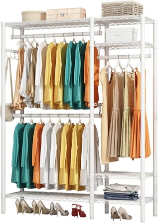 KZOBYD Clothes Rack, Freestanding Clothes Rail with Shelf Metal Wardrobe with Hanging Rods Open Closet with 4 Adjustable Shelves for Coats, Dresses, Shoes (White)