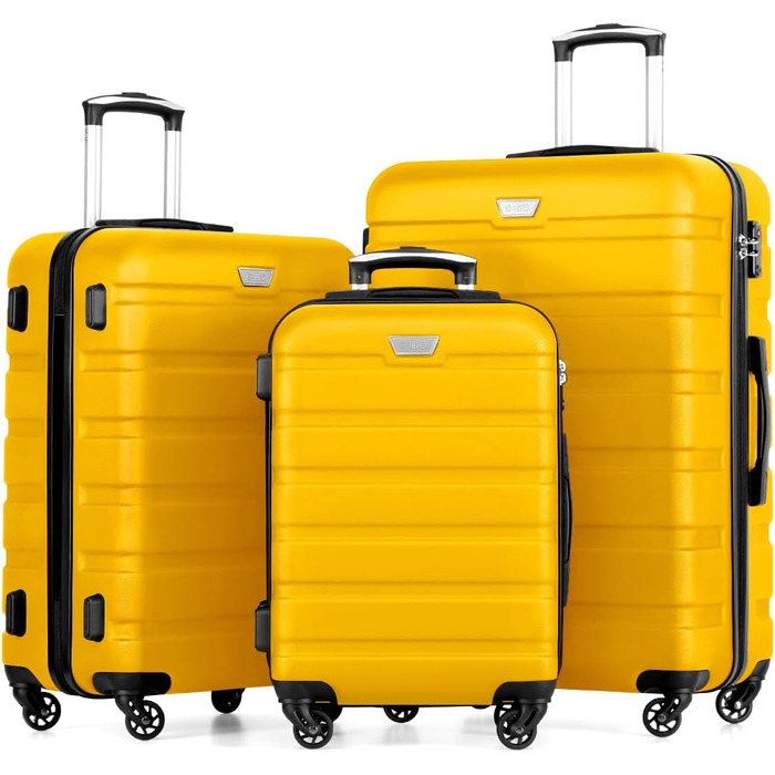 Набір валіз COOLIFE 3 шт. (M, L, XL) для сімейних та закордонних подорожей, ABS+PC, жорсткий корпус, 360° обертання, YKK блискавка, TSA замок, жовтий колір