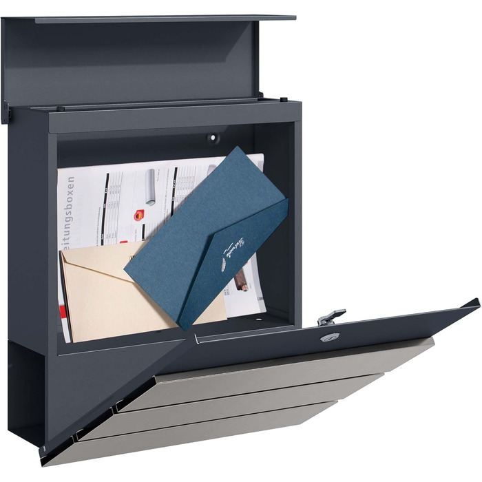 Поштовий ящик настінний сталевий V63 антрацит з дерев'яним декором 410x130x370 мм, з замком, плавним закриттям та відділенням для газет