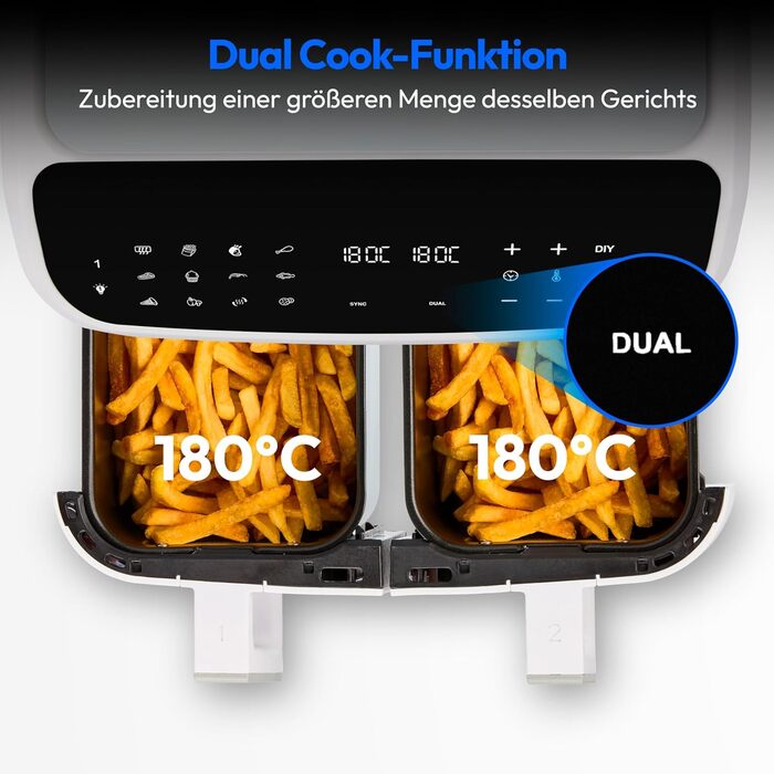 MEDION P20 XXL Фритюрниця для повітря з 2 камерами (8,7 л, 2600 Вт, 10 програм, ILAG PFAS-free, MD11760) матово-біла