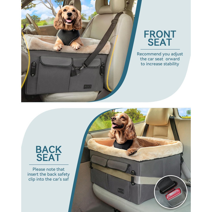 Автокрісло для собак Petsfit M, сірий: зручне автокрісло для середніх та 2 маленьких собак з підкладкою, ременями та кишенею