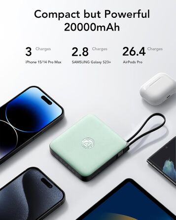 Power Bank VRURC 20000mAh з кабелем USB-C 22.5W QC3.0 Швидка зарядка Зовнішній акумулятор для iPhone, Huawei, Android (Зелений)