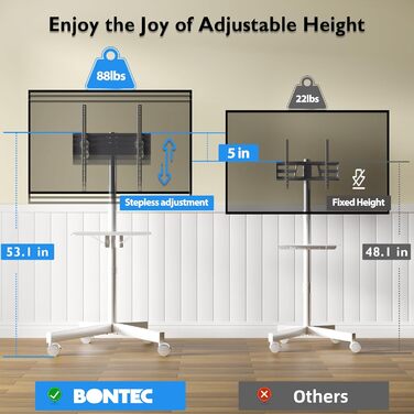BONTEC Mobile TV Stand for 23-60 inch Plasma/LCD/LED TVs with Laptop Shelf - Adjustable Height, VESA 400x400, 25kg Capacity