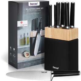 Набір ножів Hecef з підставкою 7 предметів, чорний – кухонні ножі з кованого нержавіючого сталевого леза, повний ергономічний руків'я з подвійним болстером, ергономічний дизайн, нагорода Red Dot Design Award, економія місця, ідеальний подарунок для кухні