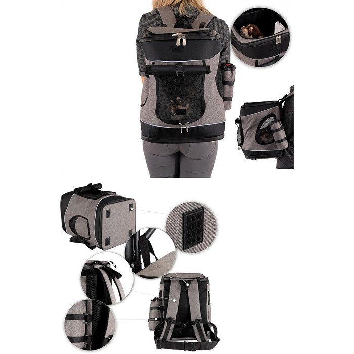 Сумка-рюкзак для тварин Lionto, 34x30x42 см, з водонепроникного оксфорду та сітки, з тримачем для пляшки та подушкою, для тварин до 10 кг, сіра/зелена