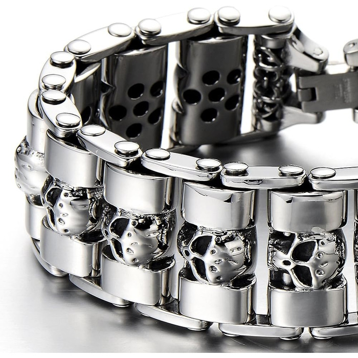 Чоловічий браслет COOLSTEELANDBEYOND з черепом, нержавіюча сталь, срібно-чорний, полірована двоколірна модель