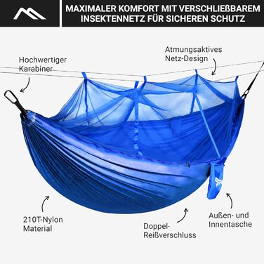 Гамак для кемпінгу MSports Premium Ultraleicht з москітною сіткою | 250 кг, дихаючий, кобальтово-синій