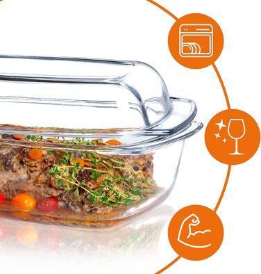 Форма для запікання KADAX з кришкою та ручками, 5.1 л, прямокутна скляна форма для запікання, для м'яса, лазаньї, 5.1 л