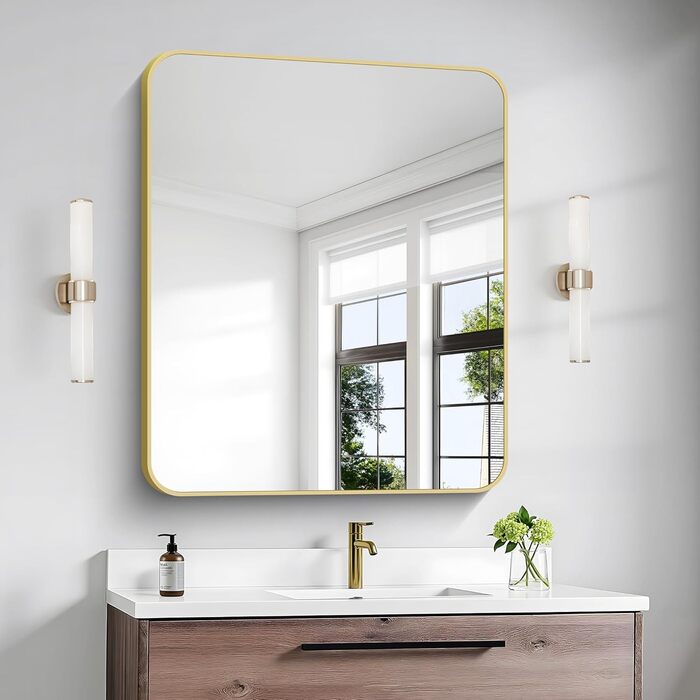 Дзеркало для ванної кімнати BONEWEI, 61 x 121,9 см, прямокутне, для кріплення на стіну, з рамою, косметичне дзеркало з округлими кутами, для спальні, вітальні, передпокою, горизонтальне (Золотий, 91.4L x 76.2B см)