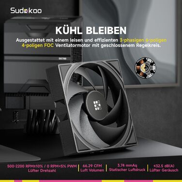 Система охолодження CPU Sudokoo SK700V AM5: Кулер для ПК з дисплеєм, 120мм вентилятор, 7 heatpipes, сумісний з AM5, безперешкодний доступ до RAM, 5 років гарантії, чорний