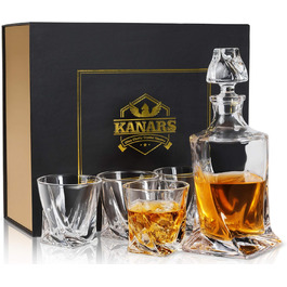 KANARS Whisky Decanter and Glasses Set, 800 ml Lead-Free Crystal Whiskey Decanter with 4x 300 ml Glasses, 5-Piece, Gift Box