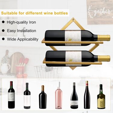 2pcs Metal Wall Mounted Wine Holder Stemware Glass Rack, Foldable Wall Hanging Red Wine Shelf Organizer with 3 Stem Glass Holders, Black Wine Bottle Hanger for Home Kitchen Bar Wall Decor (Gold A)