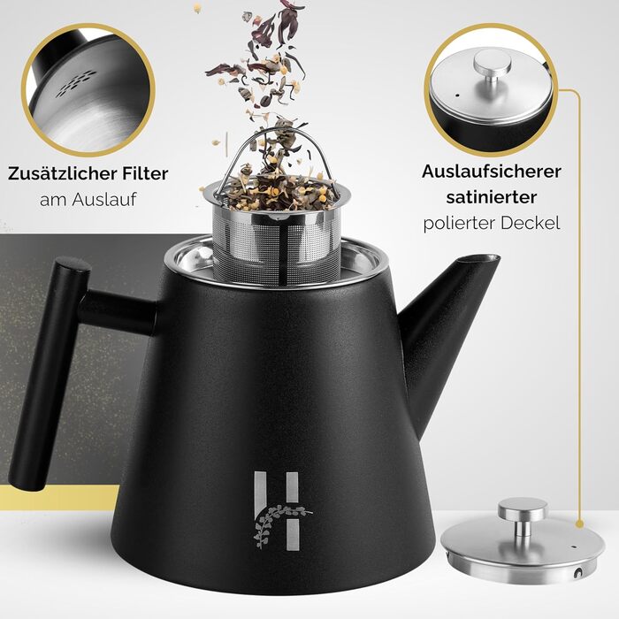 Hanamura Thermo Teapot with Infuser - Stainless Steel Teapot, Double-Walled and with Strainer - 1L - Black Metal Teapot - Insulated Thermos Modern Design