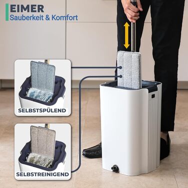 Набір для миття підлоги з відром, система чистої води, розділення чистої та брудної води: ультра-гігієнічний, легке прибирання, повний набір для миття підлоги, плоский моп, самоочищення, мікрофібровий накладний матеріал