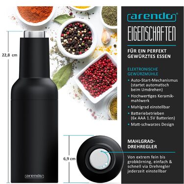Arendo - Electric Salt and Pepper Mills - 2-Piece Set - One-Handed Operation - Grinds Automatically When Tilted - Battery Powered, Spice Grinder with Ceramic Grinder - Grind Sizes Infinitely Adjustable