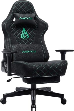 Ігрове крісло Andyou Racing, ергономічне, з регульованою поперековою подушкою, підставкою для ніг, підголівником і 2D підлокітниками, вінтажна екошкіра, синє, нахил 90-150°