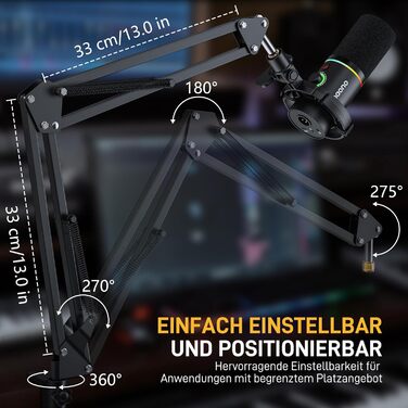 Тримач для мікрофона Maono BA20, регульований, для подкастів, геймінгу, стрімінгу та запису звуку, з кріпленням до столу та адаптером 3/8' - 5/8'