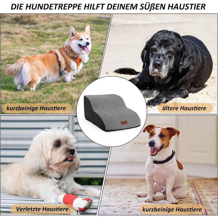 Сходинки для собак Caliyo, 3 сходинки, для маленьких собак та котів, 40 см заввишки, знімний та миючий чохол, протиковзна підставка, для ліжка, дивану та авто (60×40×40 см), сірі